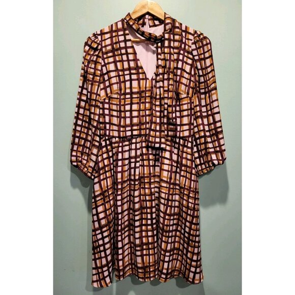 Gal Meets Glam Lindsey Windowpane Tie Neck Dress Purple Tan Sz 6 Office - Picture 2 of 9